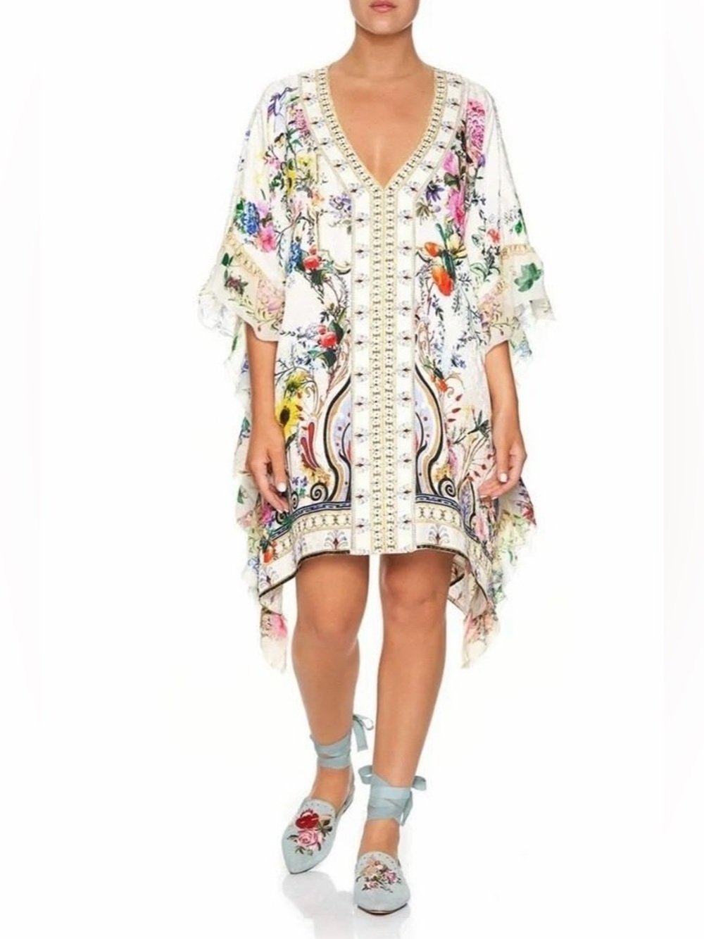 Camilla V-Neck Kaftan with Ruffle Sleeve in Boheme Silk Embellished Floral Cream